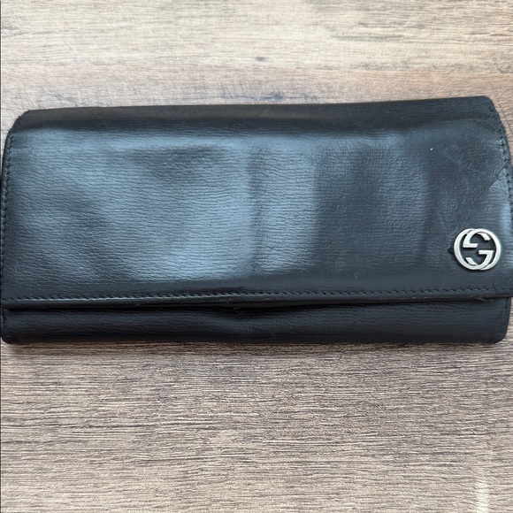 Gucci Handbags - Gucci Black Leather Continental Wallet with Silver Double G Emblem